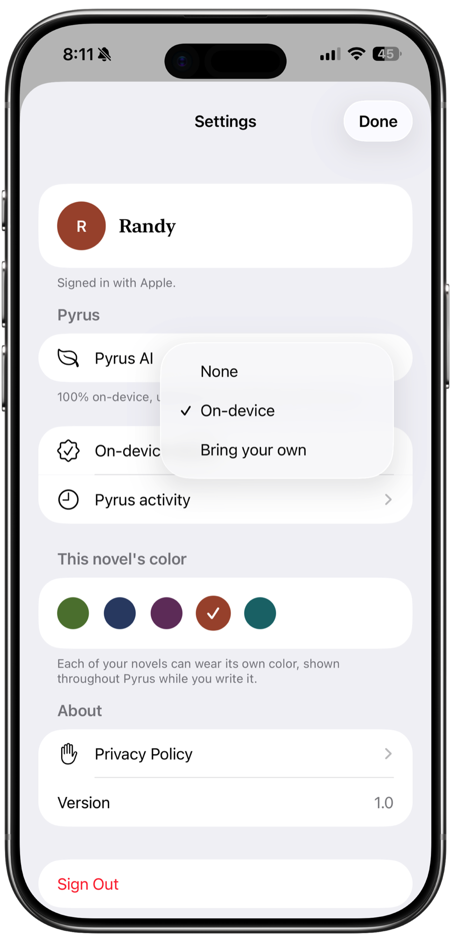 Pyrus settings: choose your AI and your novel's color