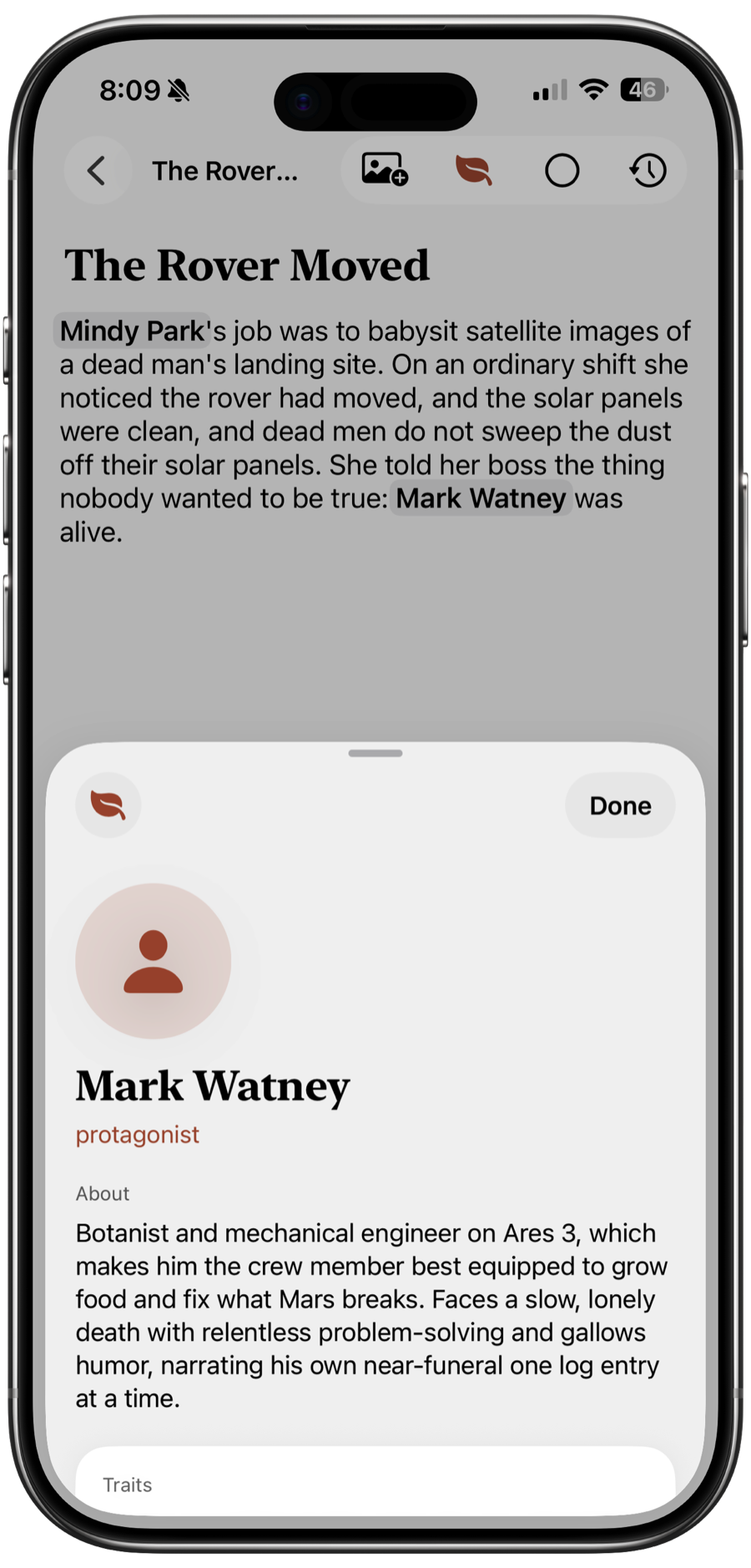 A character profile opening from a name in the text