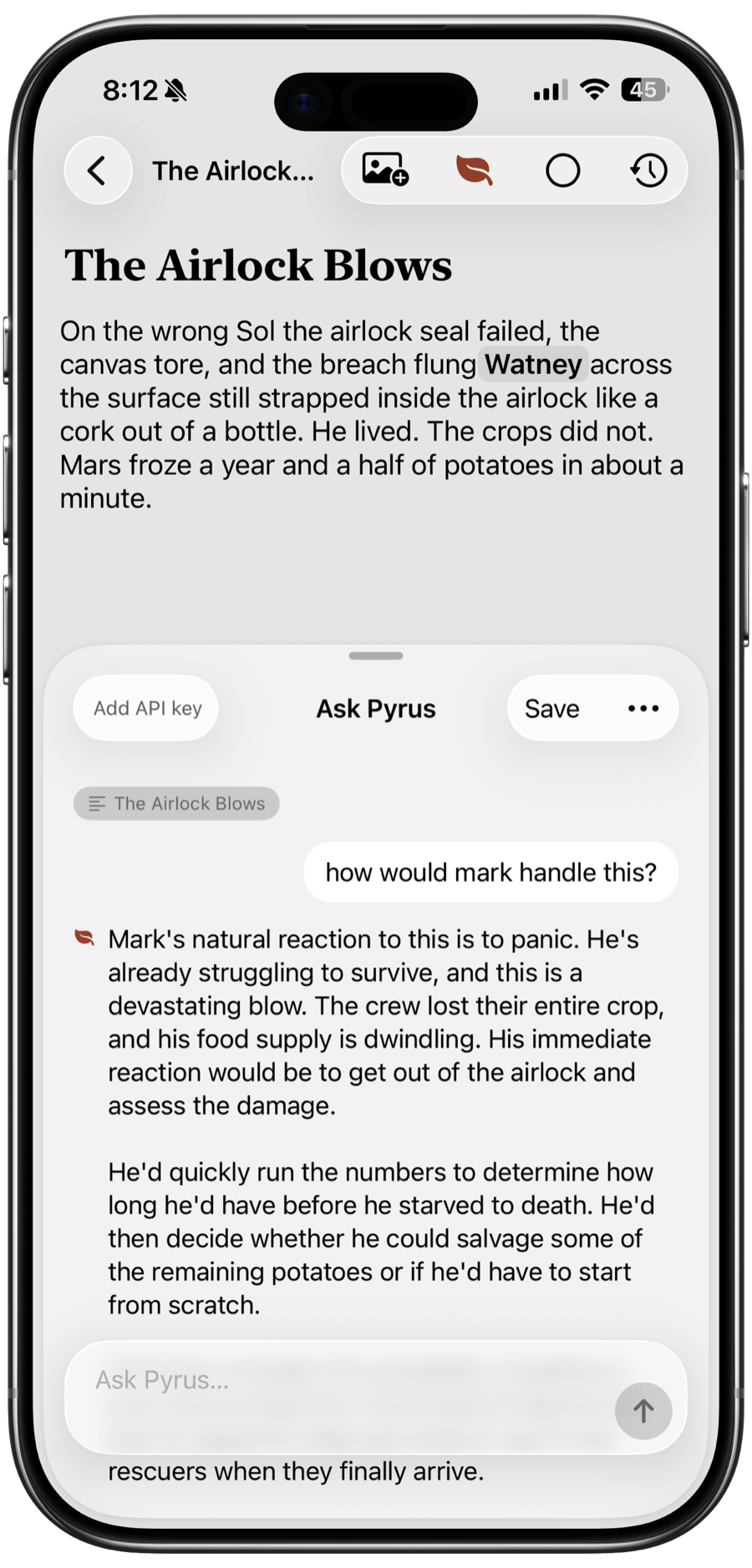 Asking Pyrus how a character would react in a scene